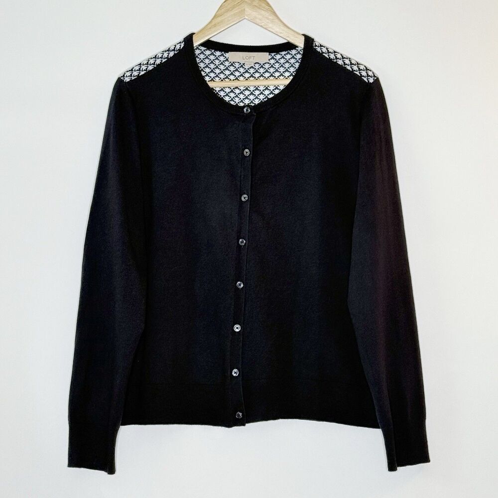 LOFT Button Cardigan Sweater Womens XL Navy Blue Abstract Pattern Back Layering